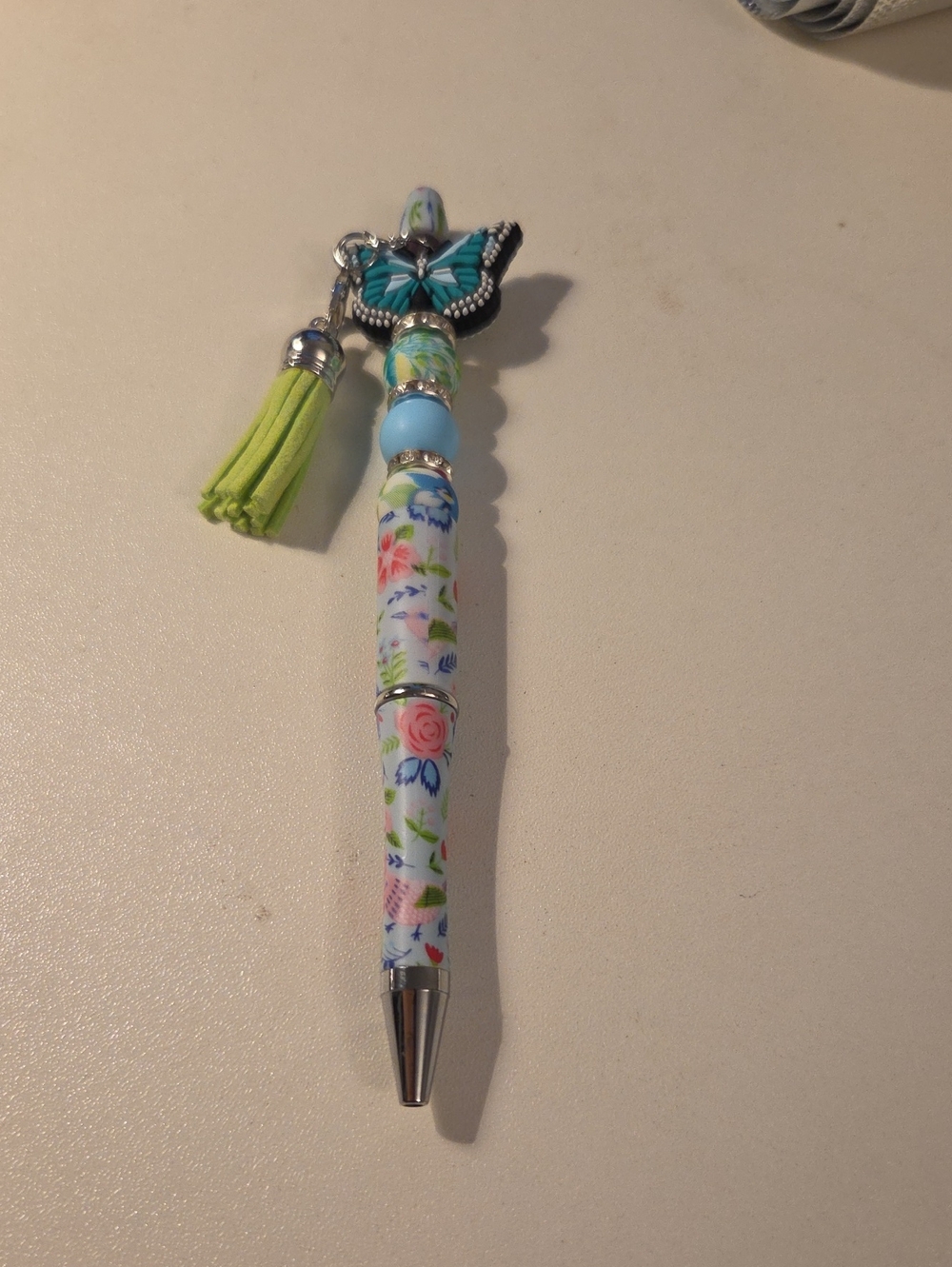 Floral Butterfly Tassel Ballpoint Pen - White & Teal